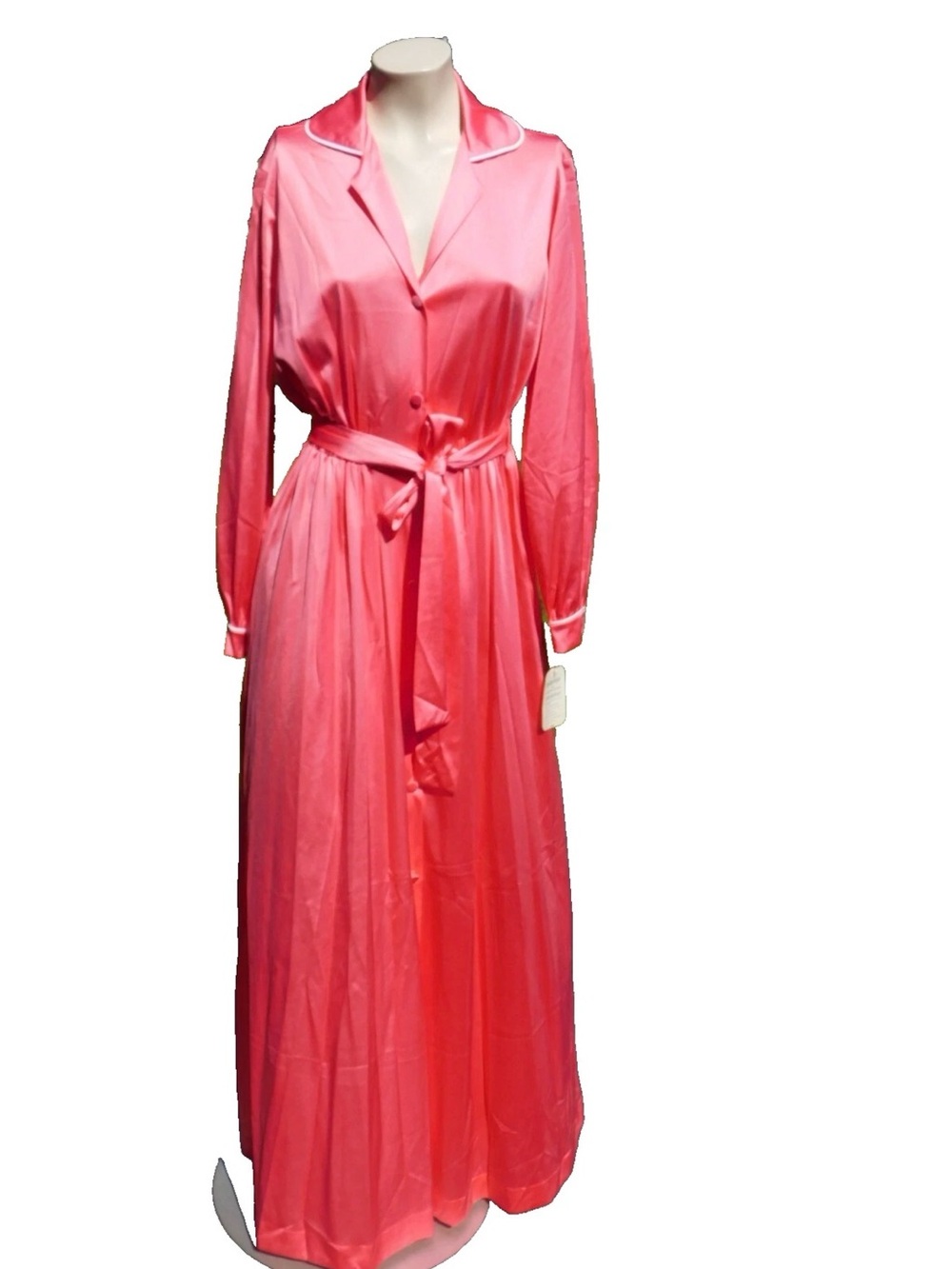 Vanity Fair Coral-Pink Satin Maxi Wrap Dress with Belt